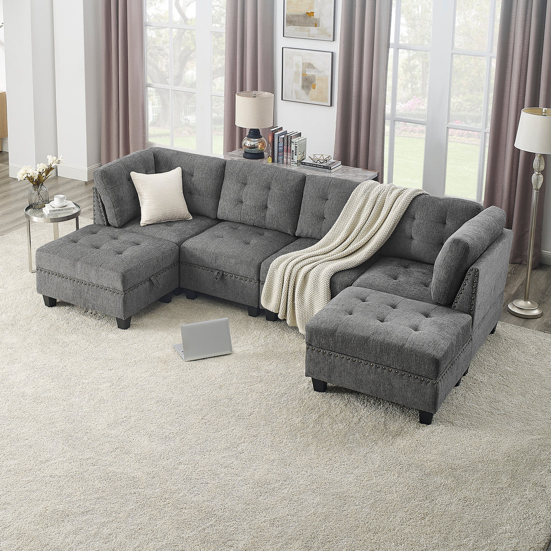 U Shape Modular Sectional Sofa,Diy Combination,Includes Two Single Chair ,Two Corner And Two Ottoman,Grey Chenille Grey Chenille