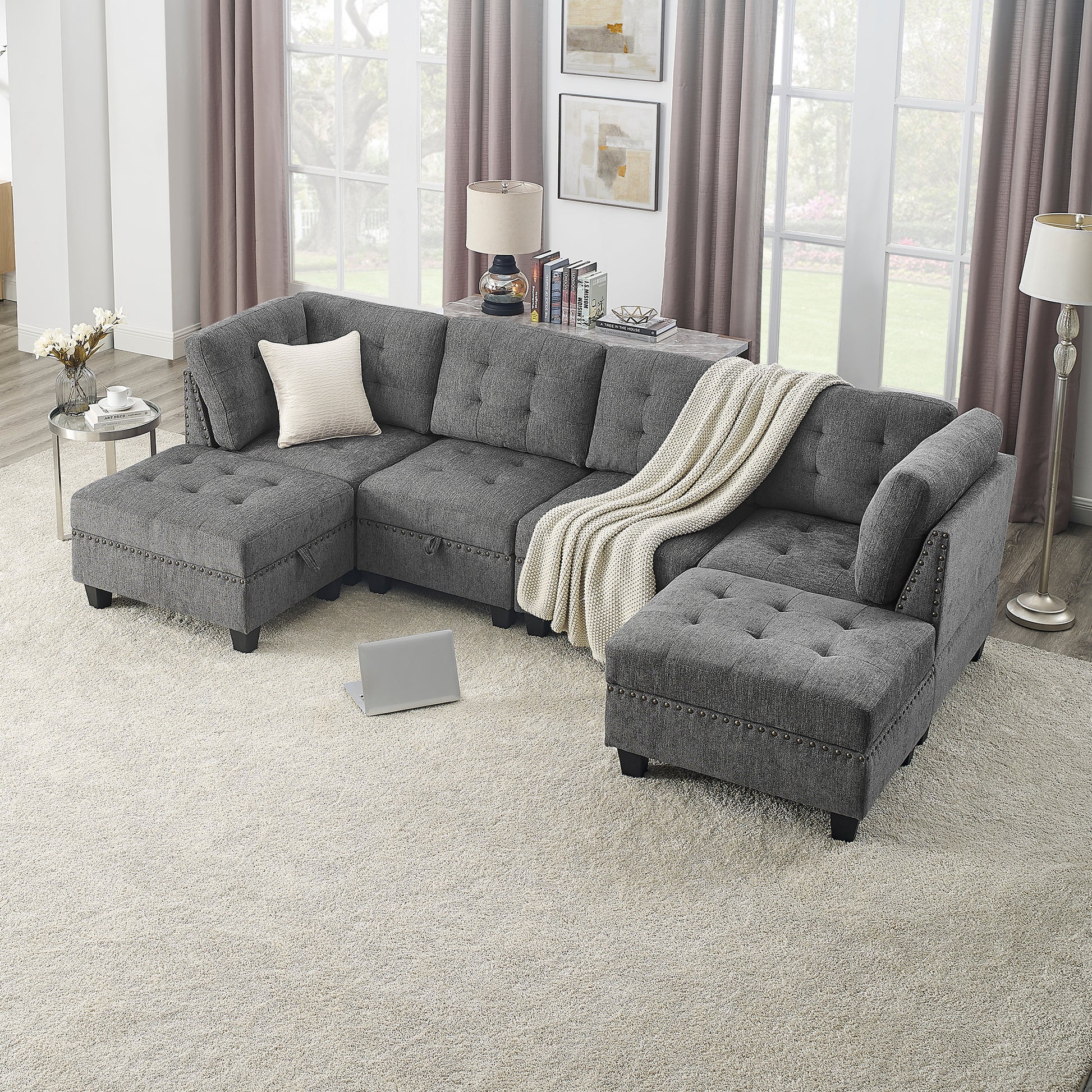 U Shape Modular Sectional Sofa,Diy Combination,Includes Two Single Chair ,Two Corner And Two Ottoman,Grey Chenille Grey Chenille