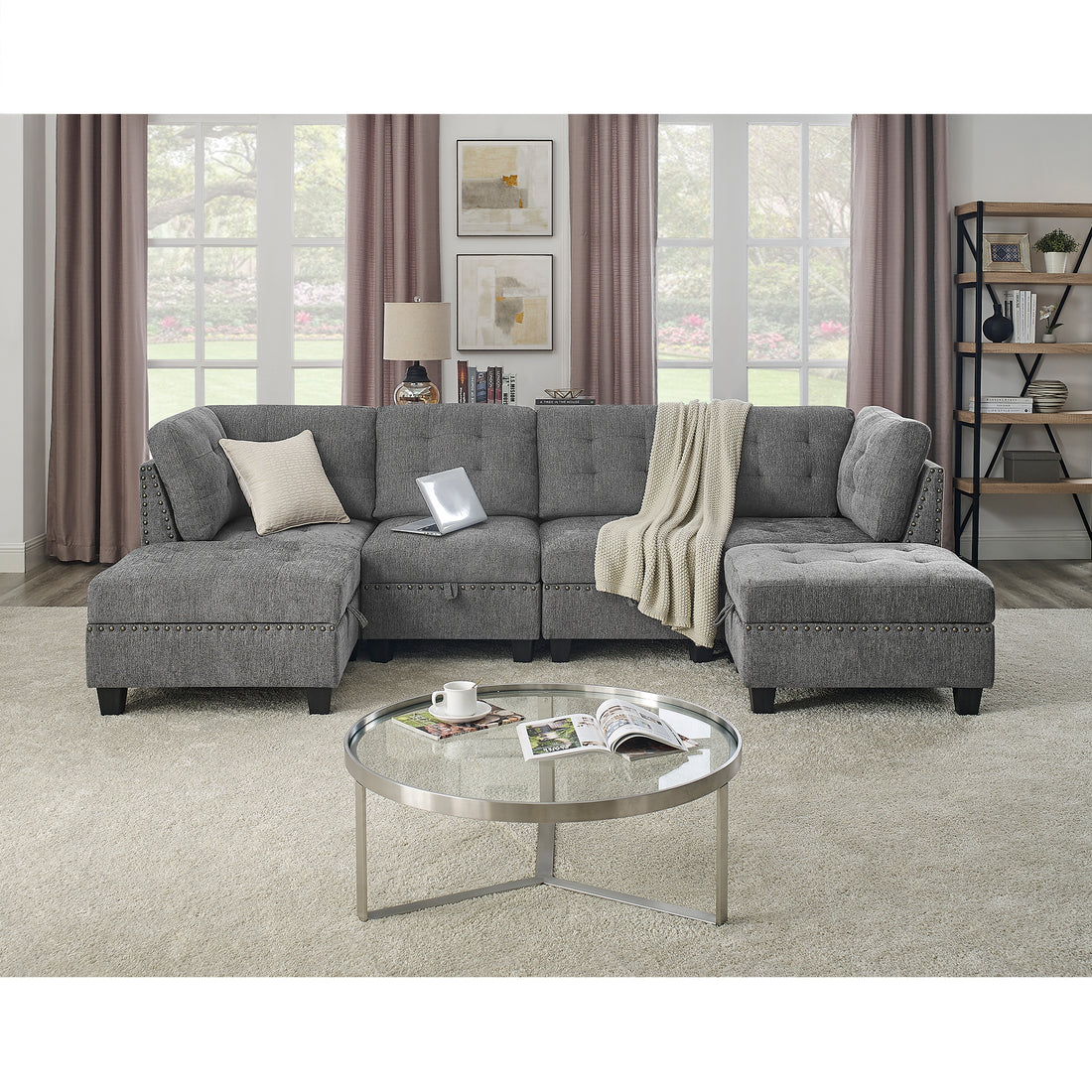 U Shape Modular Sectional Sofa,Diy Combination,Includes Two Single Chair ,Two Corner And Two Ottoman,Grey Chenille Grey Chenille