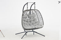 2 Person Wicker Double Swing Chair With Cushion Grey Dark Gray Steel