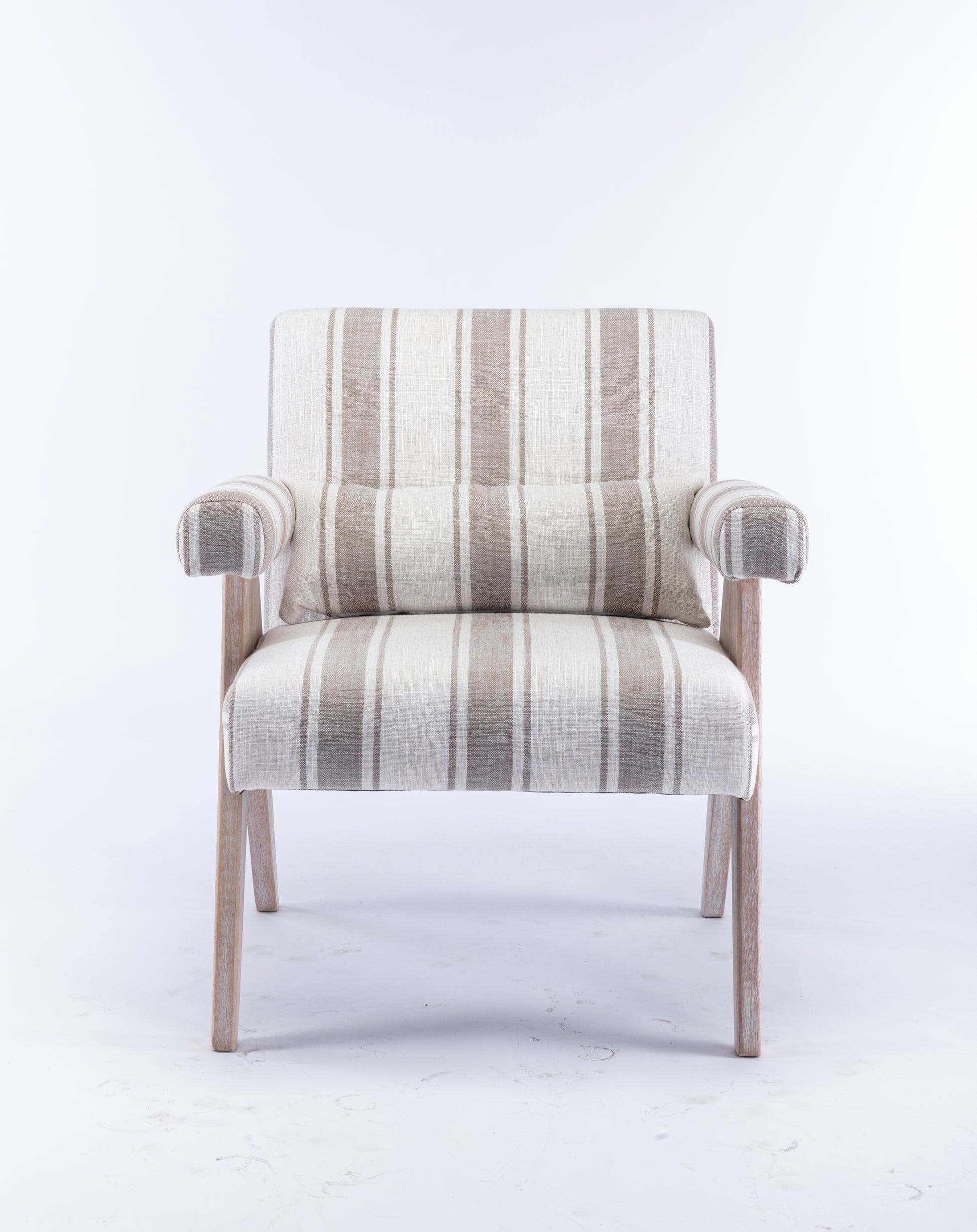 Accent Chair, Kd Rubber Wood Legs With Black Finish. Fabric Cover The Seat. With A Cushion.Grey Stripe Gray Foam Solid Wood