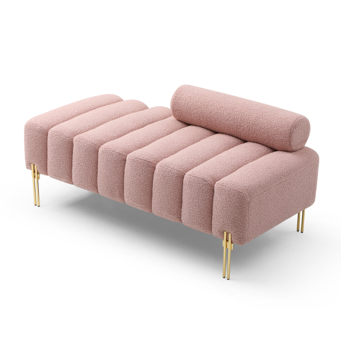 53.2" Width Modern End Of Bed Bench Sherpa Fabric Upholstered 2 Seater Sofa Couch Entryway Ottoman Bench Fuzzy Sofa Stool Footrest Window Bench With Gold Metal Legs For Bedroom Living Room,Rose Rose Foam Upholstered