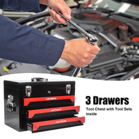 3 Drawers Tool Box With Tool Set Black Red Steel