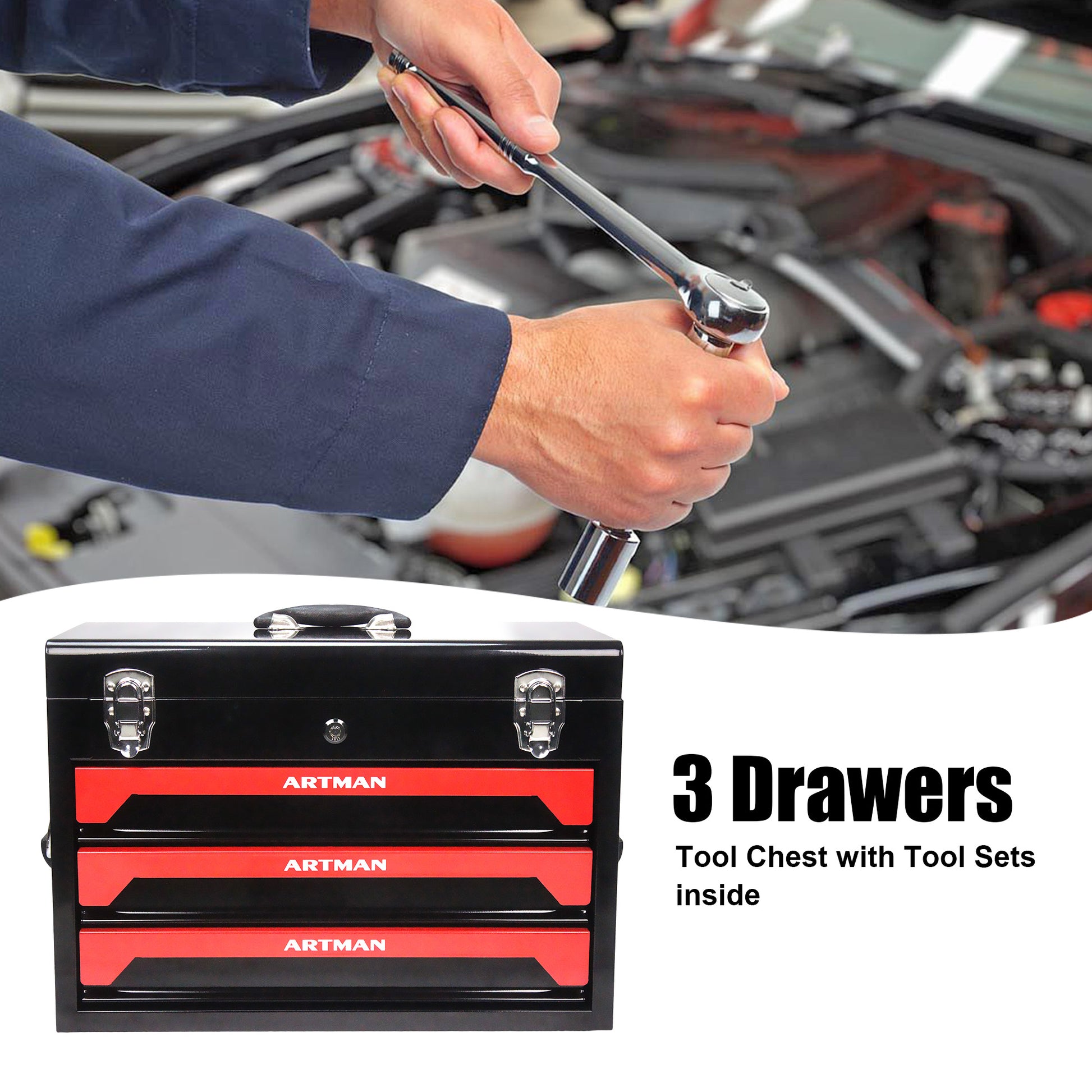 3 Drawers Tool Box With Tool Set Black Red Steel