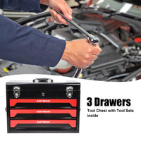 3 Drawers Tool Box With Tool Set Black Red Steel