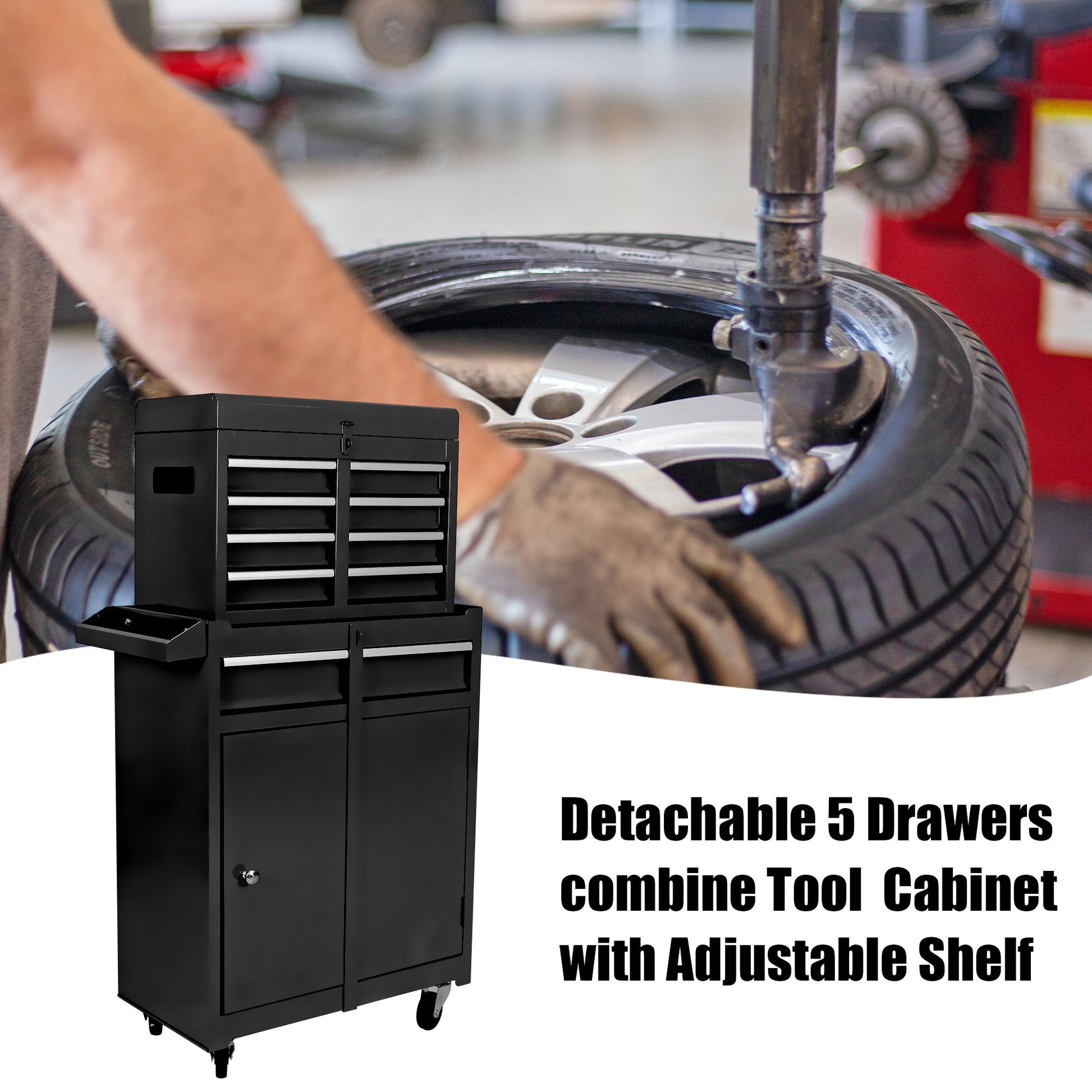 Detachable 5 Drawer Tool Chest With Bottom Cabinet And One Adjustable Shelf Black Black Metal