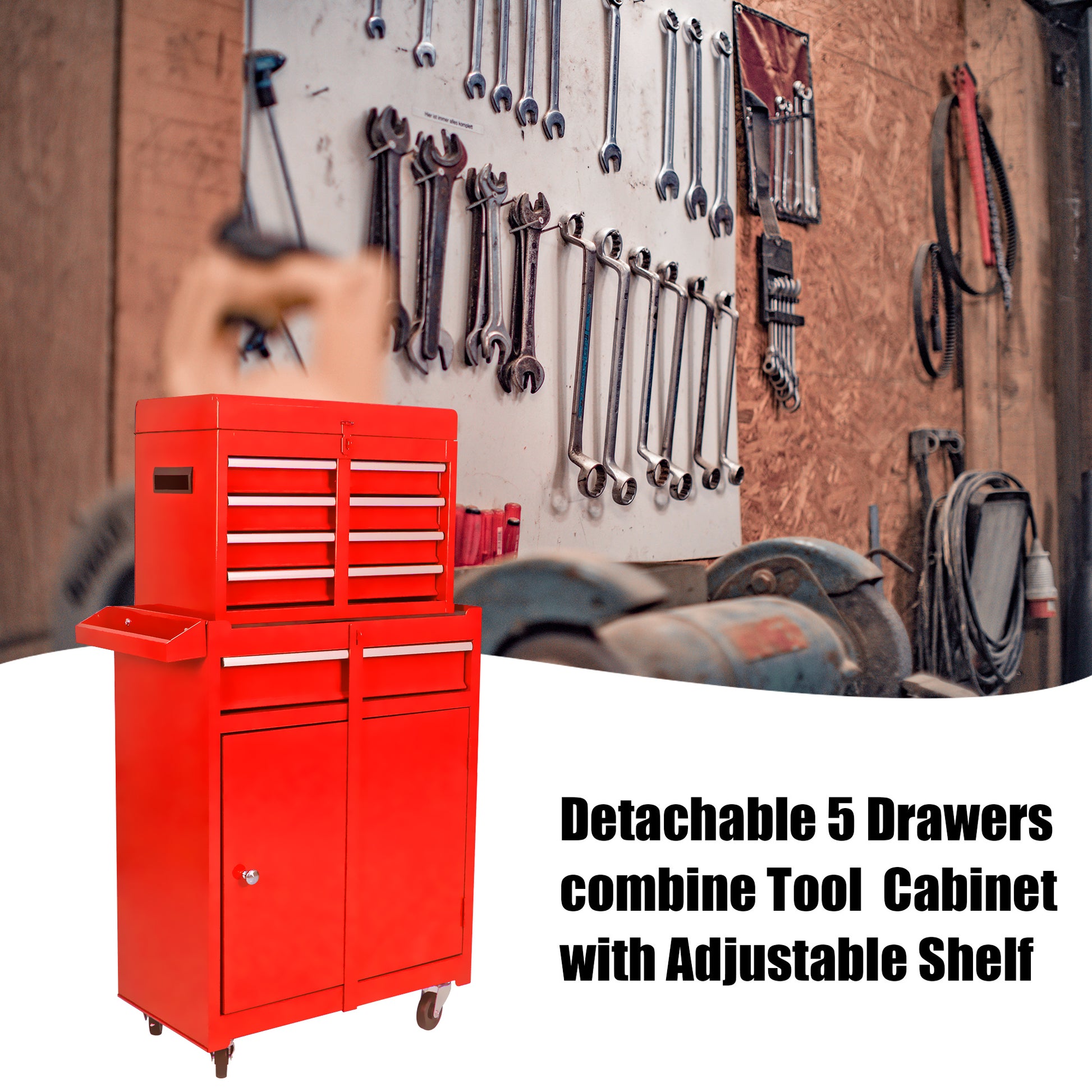 Detachable 5 Drawer Tool Chest With Bottom Cabinet And One Adjustable Shelf Red Red Metal