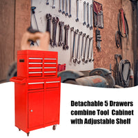Detachable 5 Drawer Tool Chest With Bottom Cabinet And One Adjustable Shelf Red Red Metal