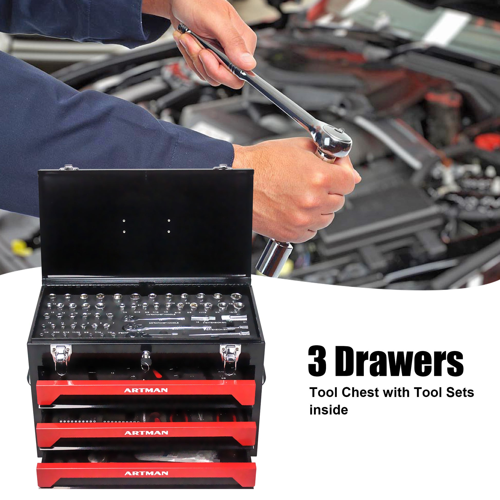 3 Drawers Tool Box With Tool Set Black Red Steel