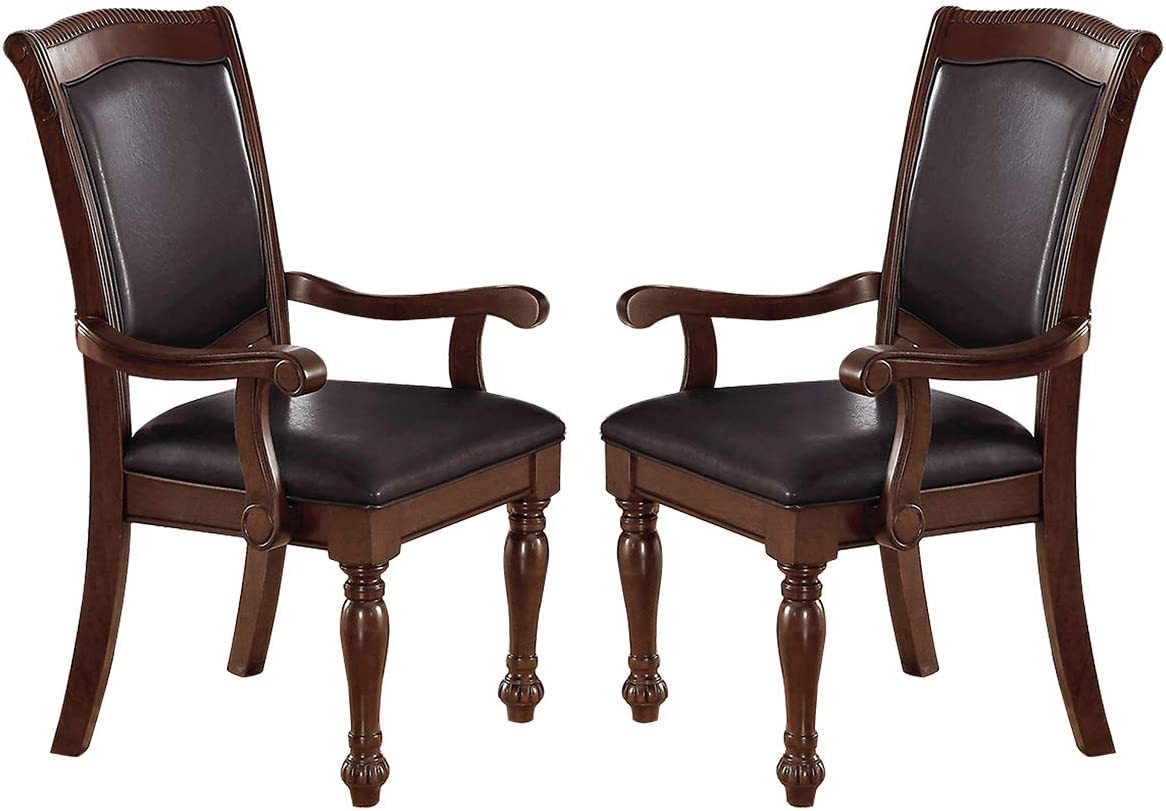 Royal Majestic Formal Set Of 2 Arm Chairs Brown Color Rubberwood Dining Room Furniture Faux Leather Upholstered Seat Brown Brown Dining Room Luxury,Traditional Arm Chair Rubberwood Rubber Wood