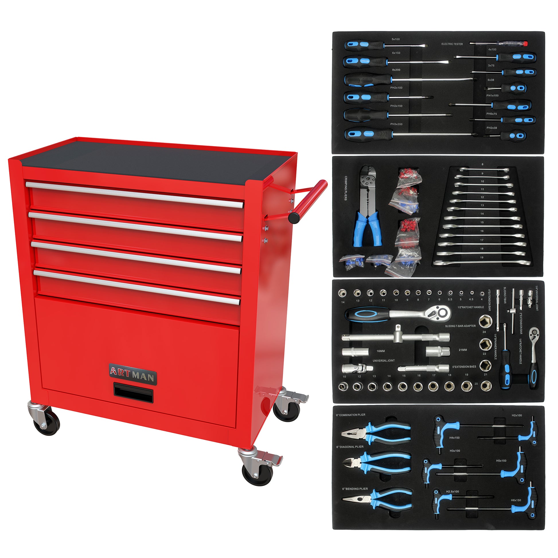 4 Drawers Tool Cabinet With Tool Sets Red Red Steel