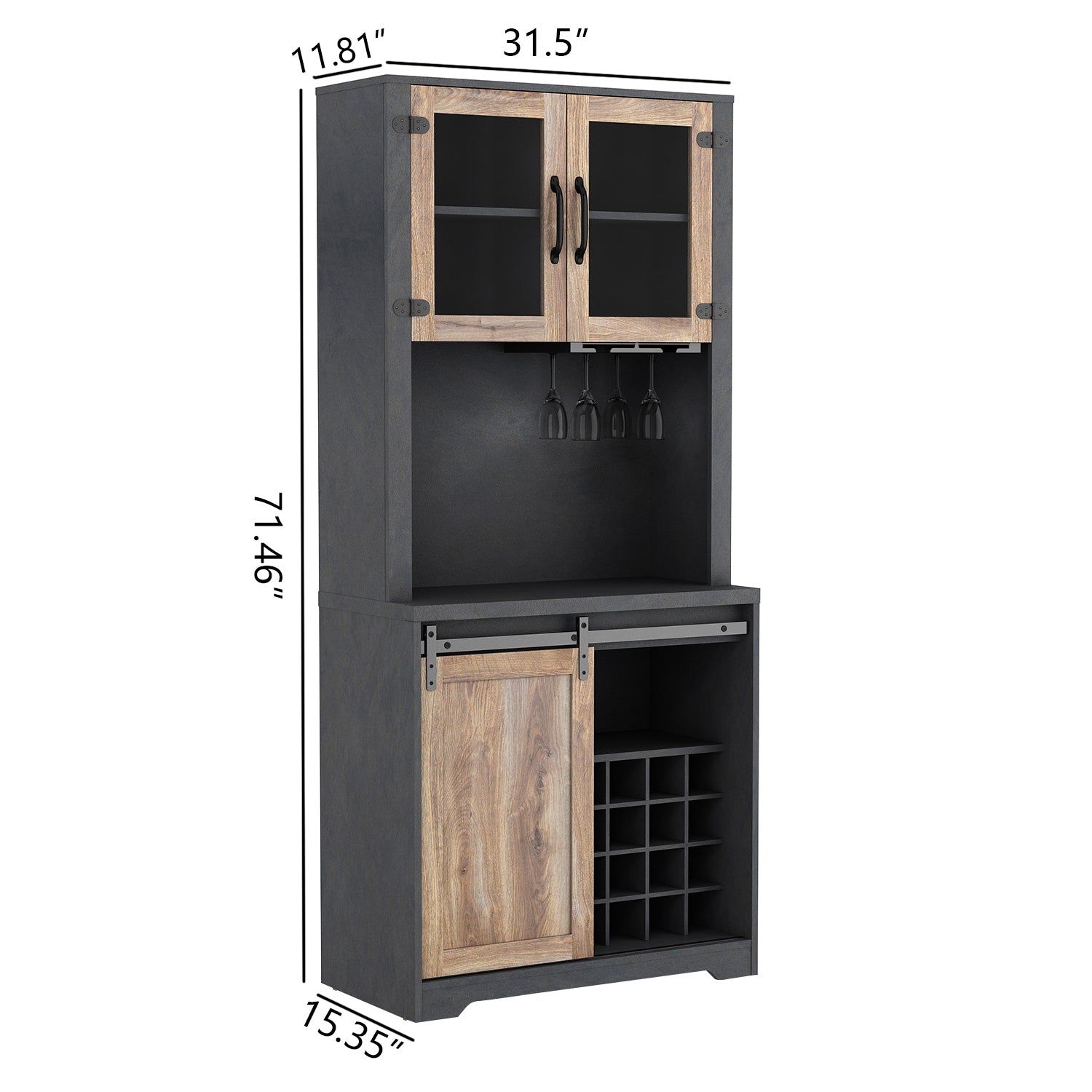 31 Inch Farmhouse Barn Door Bar Cabinet For Living Room, Dining Room Dark Grey Particle Board