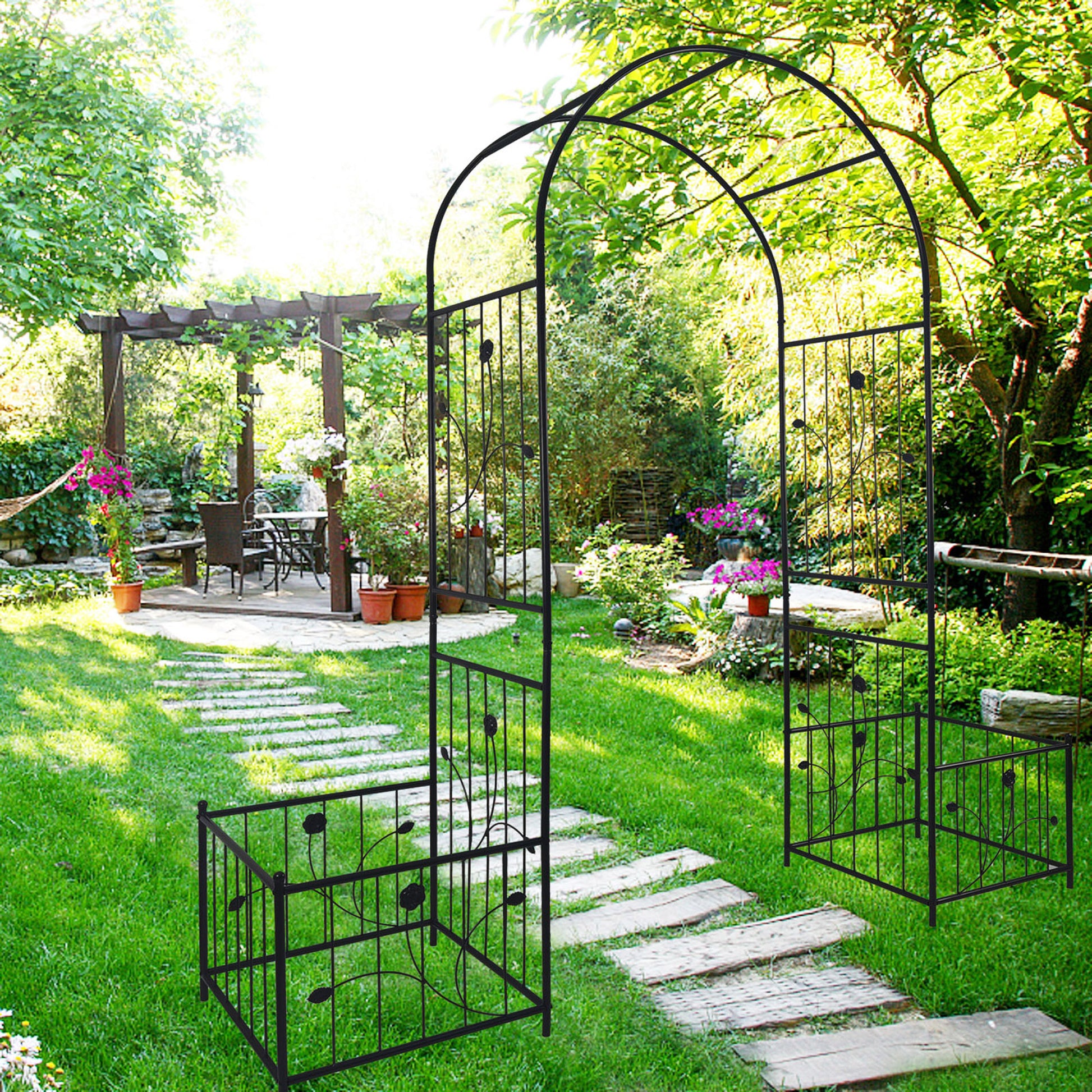 Metal Garden Arch With Two Plant Stands 79.5'' Wide X 86.6'' High Climbing Plants Support Rose Arch Outdoor Black Black Iron