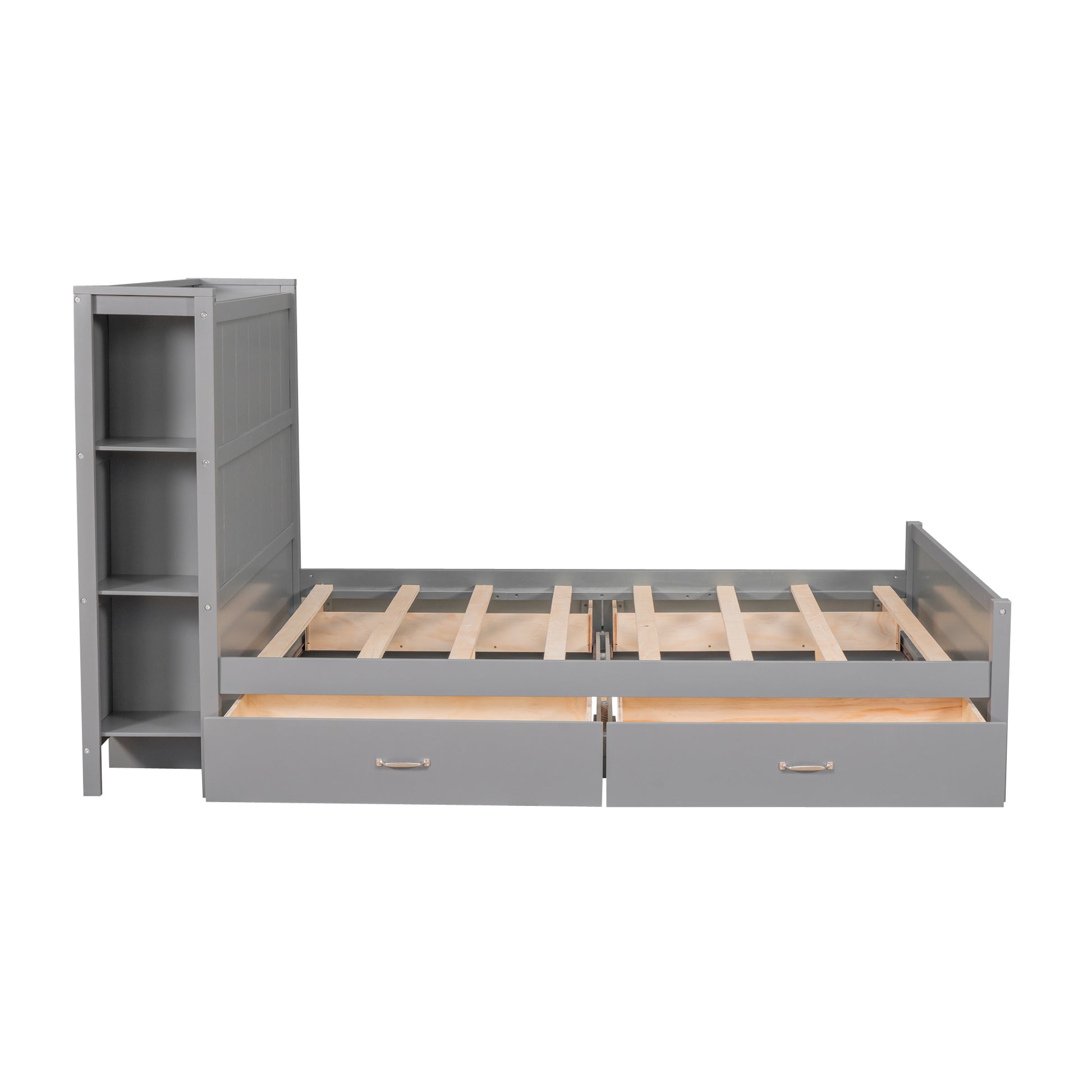 Full Size Platform Bed With Drawers And Storage Shelves, Gray Gray Pine