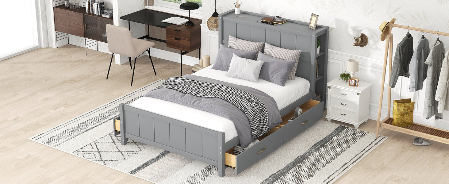 Full Size Platform Bed With Drawers And Storage Shelves, Gray Gray Pine