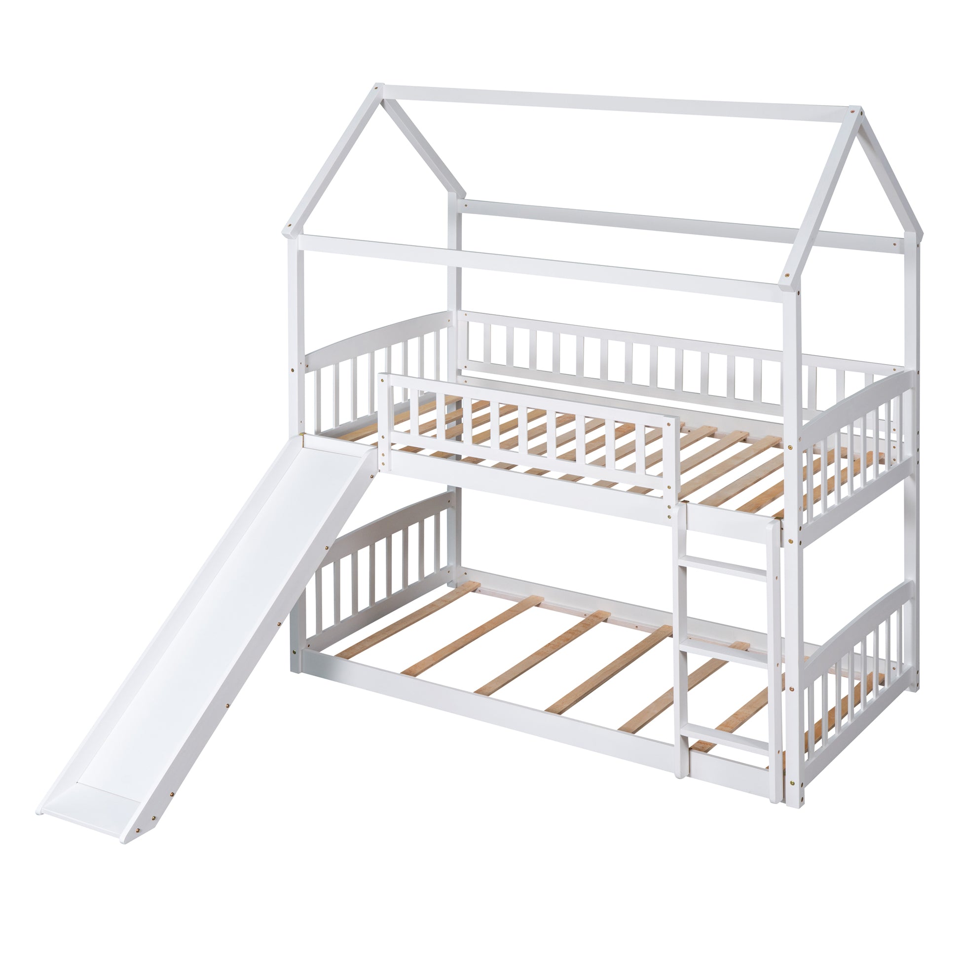 Twin Over Twin Bunk Bed With Slide, House Bed With Slide, White Old Sku: Lt000213Aak White Solid Wood