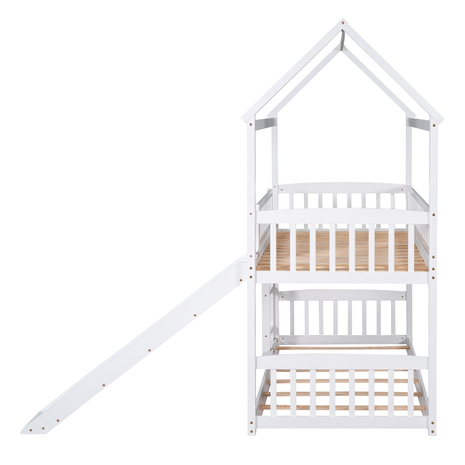 Twin Over Twin Bunk Bed With Slide, House Bed With Slide, White Old Sku: Lt000213Aak White Solid Wood