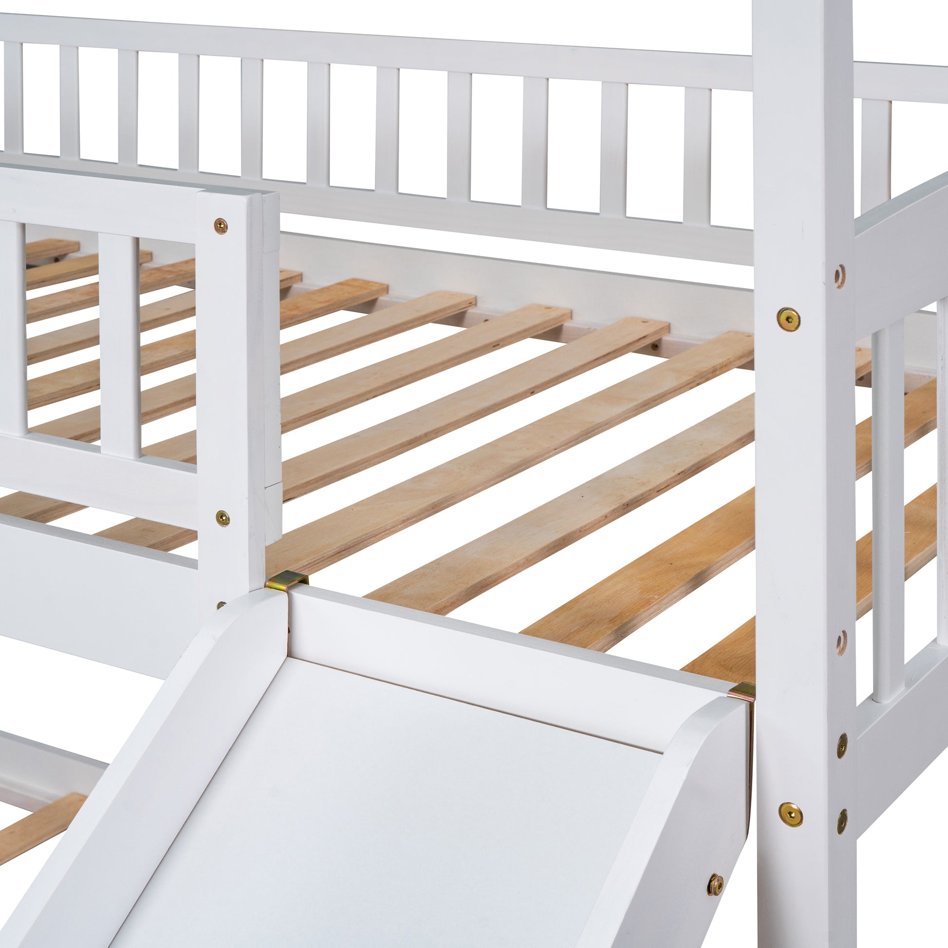 Twin Over Twin Bunk Bed With Slide, House Bed With Slide, White Old Sku: Lt000213Aak White Solid Wood