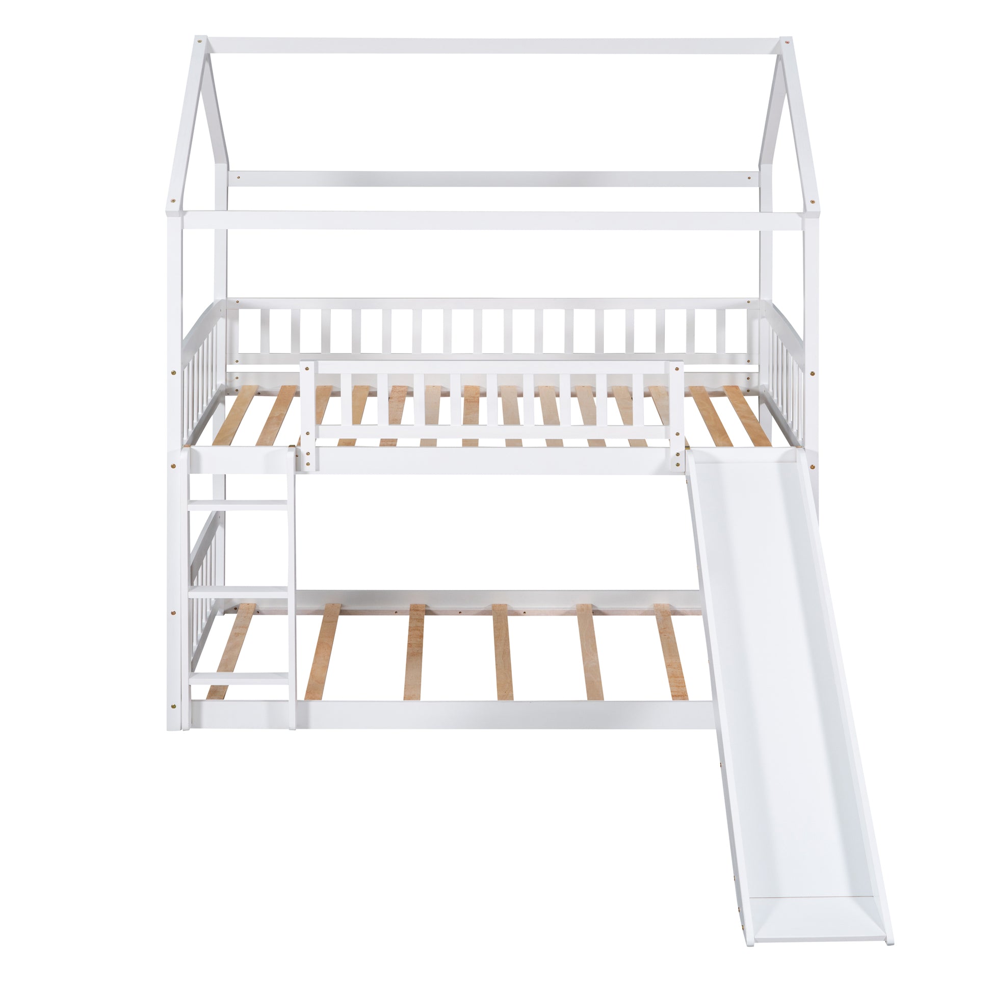 Twin Over Twin Bunk Bed With Slide, House Bed With Slide, White Old Sku: Lt000213Aak White Solid Wood