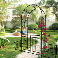 Metal Garden Arch With Gate 79.5'' Wide X 86.6'' High Climbing Plants Support Rose Arch Outdoor Black Black Iron