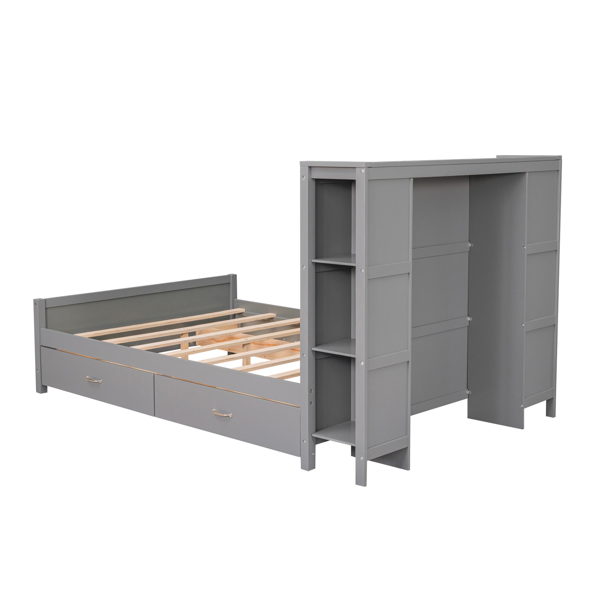 Full Size Platform Bed With Drawers And Storage Shelves, Gray Gray Pine