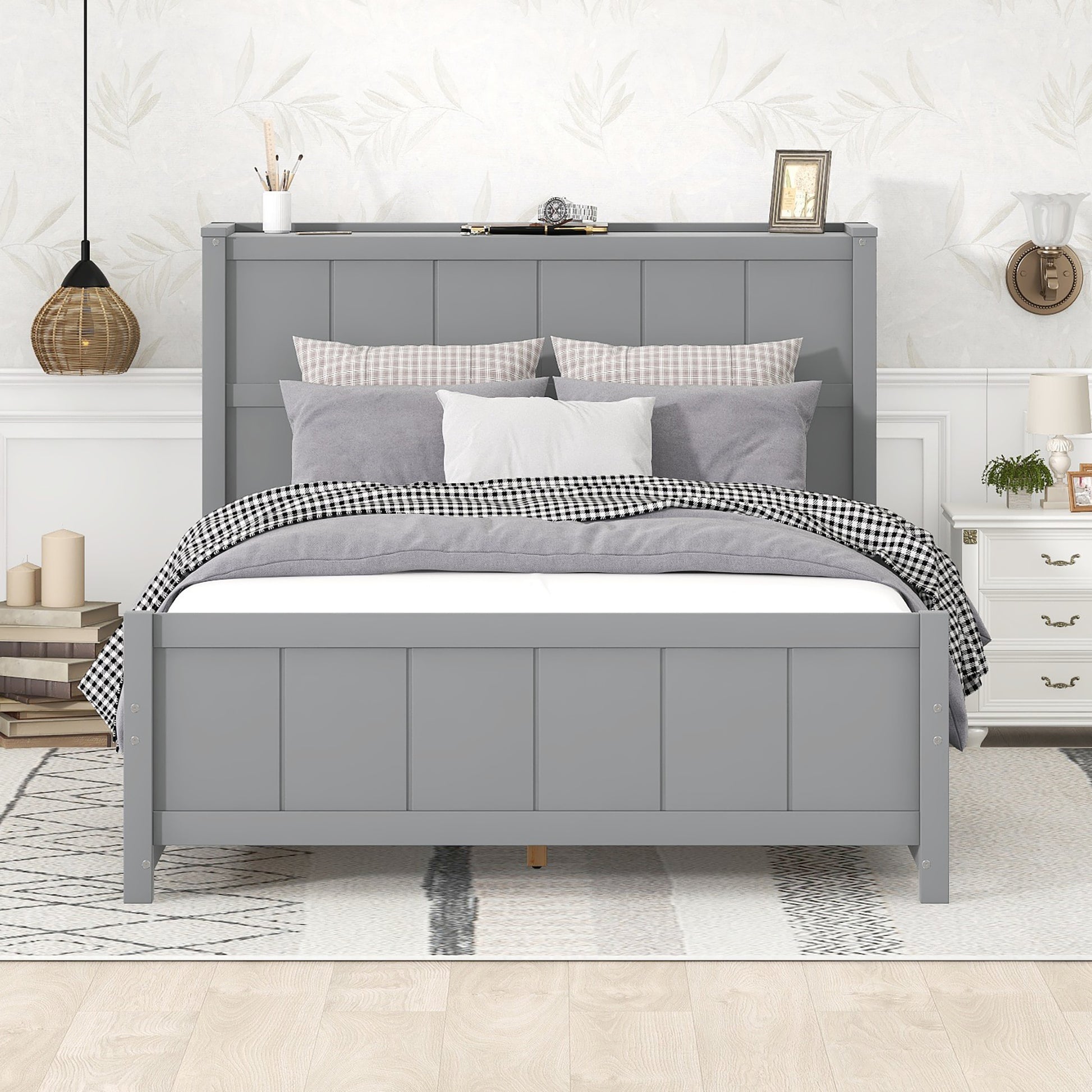 Full Size Platform Bed With Drawers And Storage Shelves, Gray Gray Pine