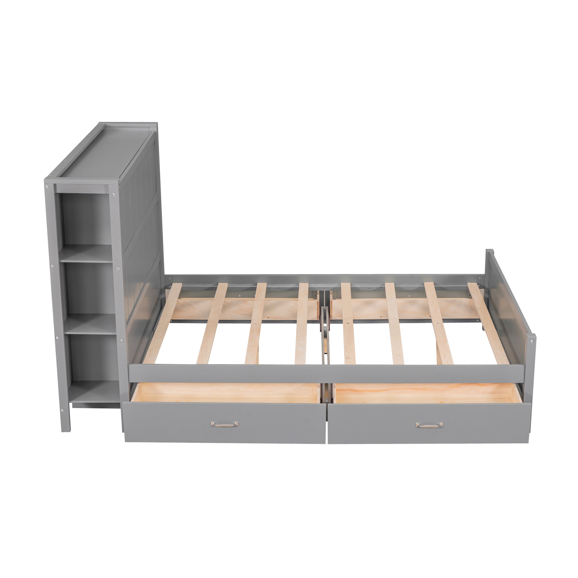 Full Size Platform Bed With Drawers And Storage Shelves, Gray Gray Pine