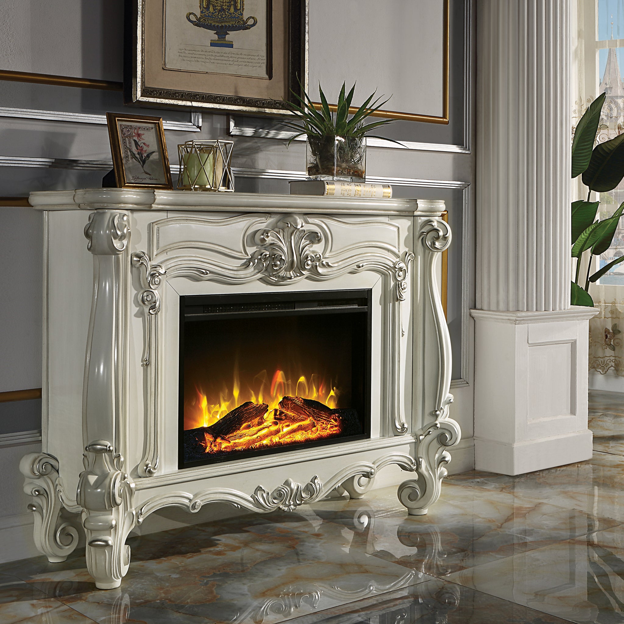 Versailles Fireplace Bone White Finish Ac01316 Antique White Solid Wood Mdf