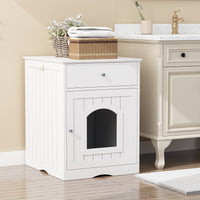 Wooden Pet House Cat Litter Box Enclosure With Drawer, Side Table, Indoor Pet Crate, Cat Home Nightstand White White Solid Wood