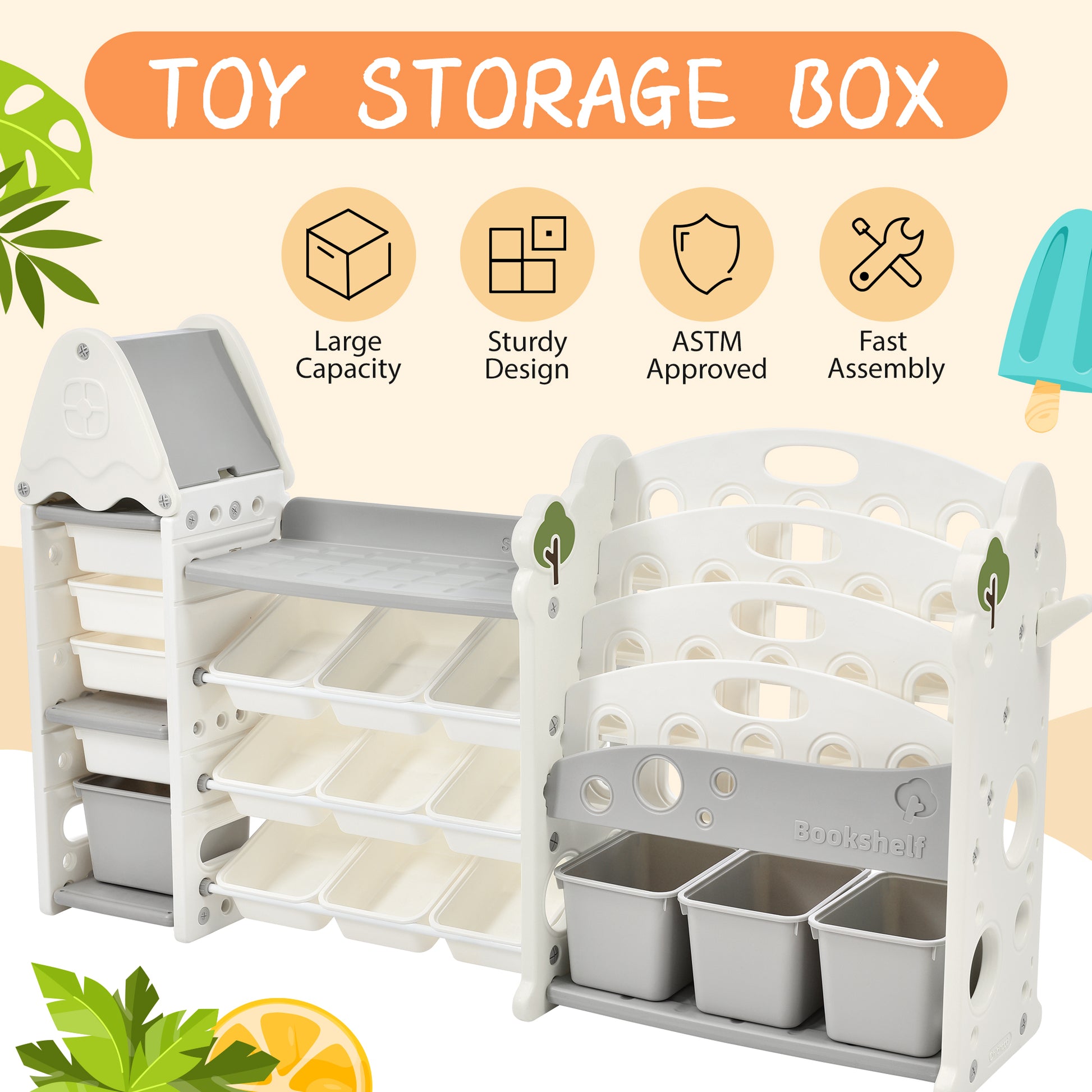 Kids Bookshelf Toy Storage Organizer With 17 Bins And 5 Bookshelves, Multi Functional Nursery Organizer Kids Furniture Set Toy Storage Cabinet Unit With Hdpe Shelf And Bins Gray Hdpe