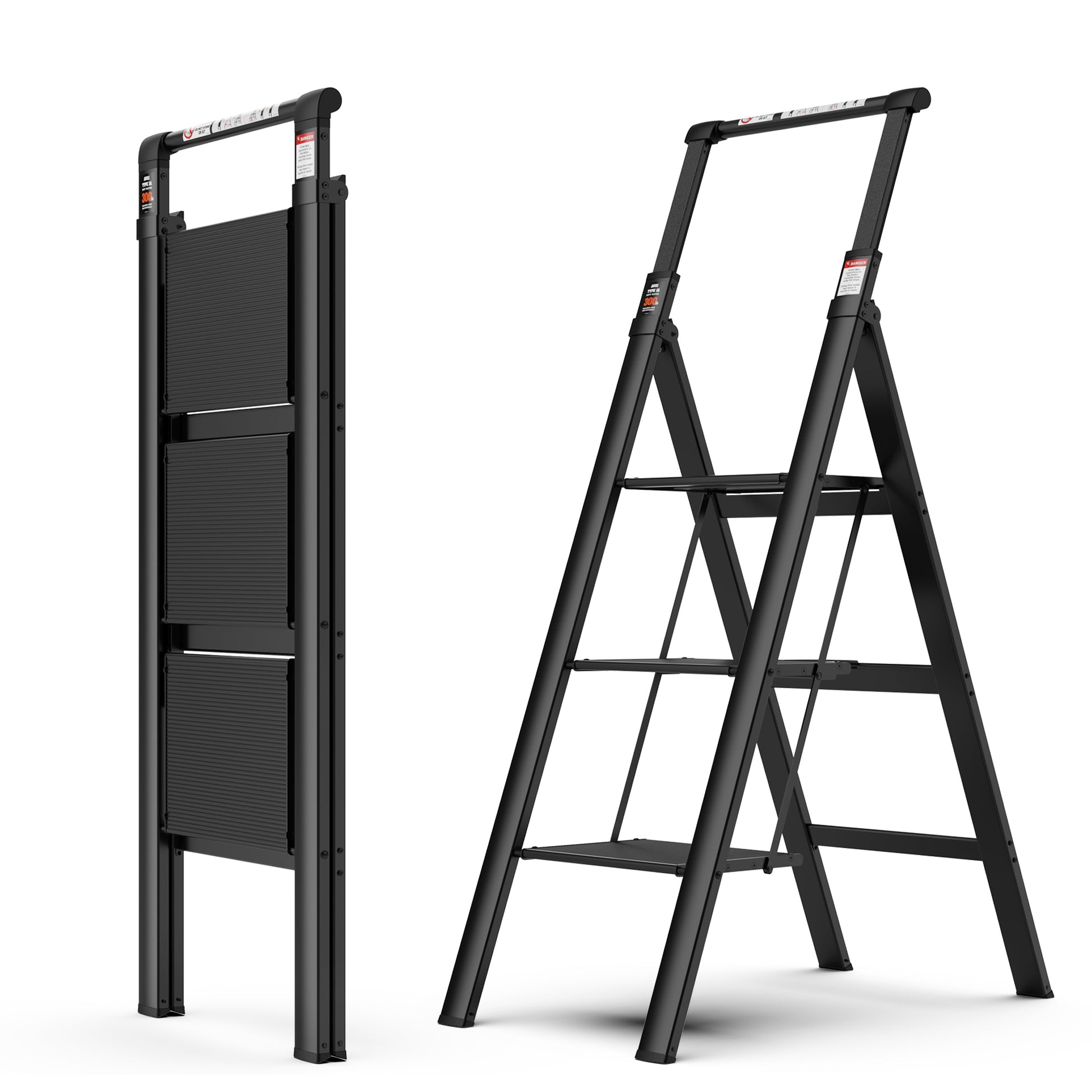 3 Step Ladder, Retractable Handgrip Folding Step Stool With Anti Slip Wide Pedal, Aluminum Stool Ladders 3 Steps, 300Lbs Safety Household Ladder Black Pc Aluminium