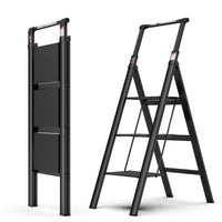 3 Step Ladder, Retractable Handgrip Folding Step Stool With Anti Slip Wide Pedal, Aluminum Stool Ladders 3 Steps, 300Lbs Safety Household Ladder Black Pc Aluminium