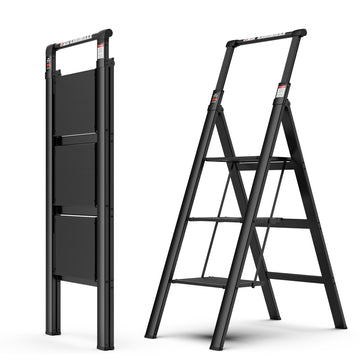 3 Step Ladder, Retractable Handgrip Folding Step Stool With Anti Slip Wide Pedal, Aluminum Stool Ladders 3 Steps, 300Lbs Safety Household Ladder Black Pc Aluminium
