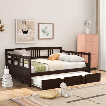 Full Size Daybed Wood Bed With Twin Size Trundle,Espresso Espresso Solid Wood