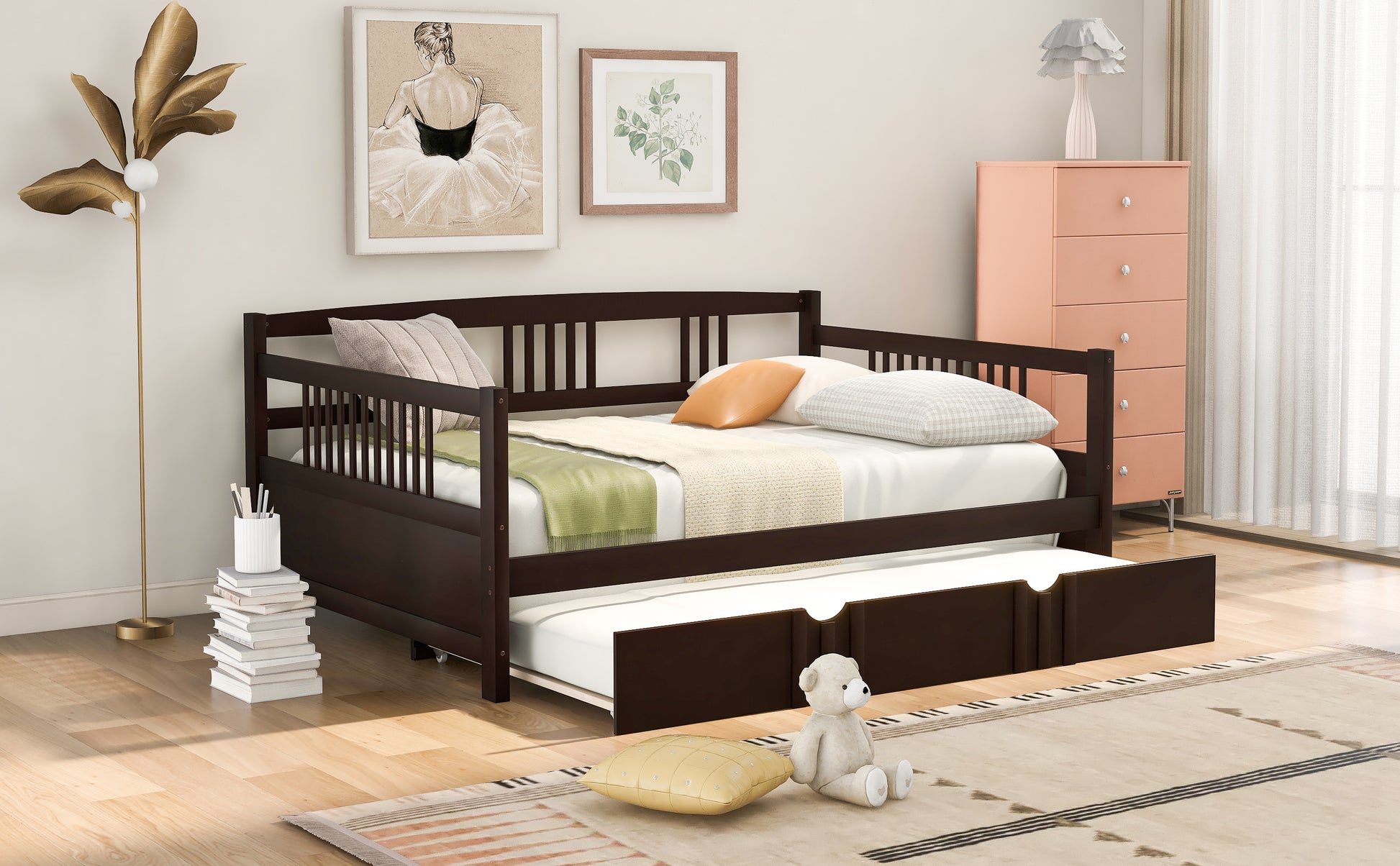 Full Size Daybed Wood Bed With Twin Size Trundle,Espresso Espresso Solid Wood