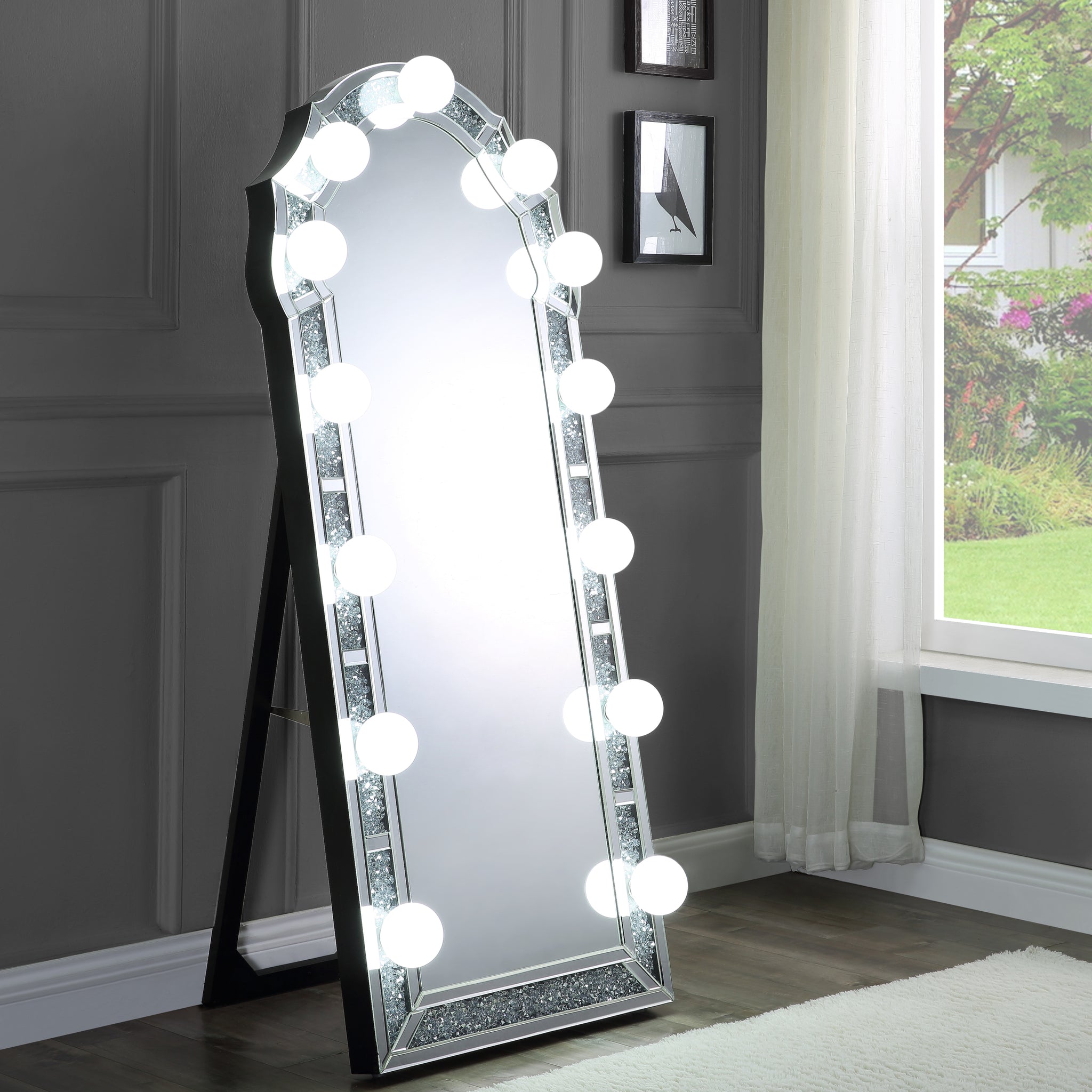 Noralie Accent Floor Mirror In Mirrored & Faux Diamonds 97983 Silver Glass