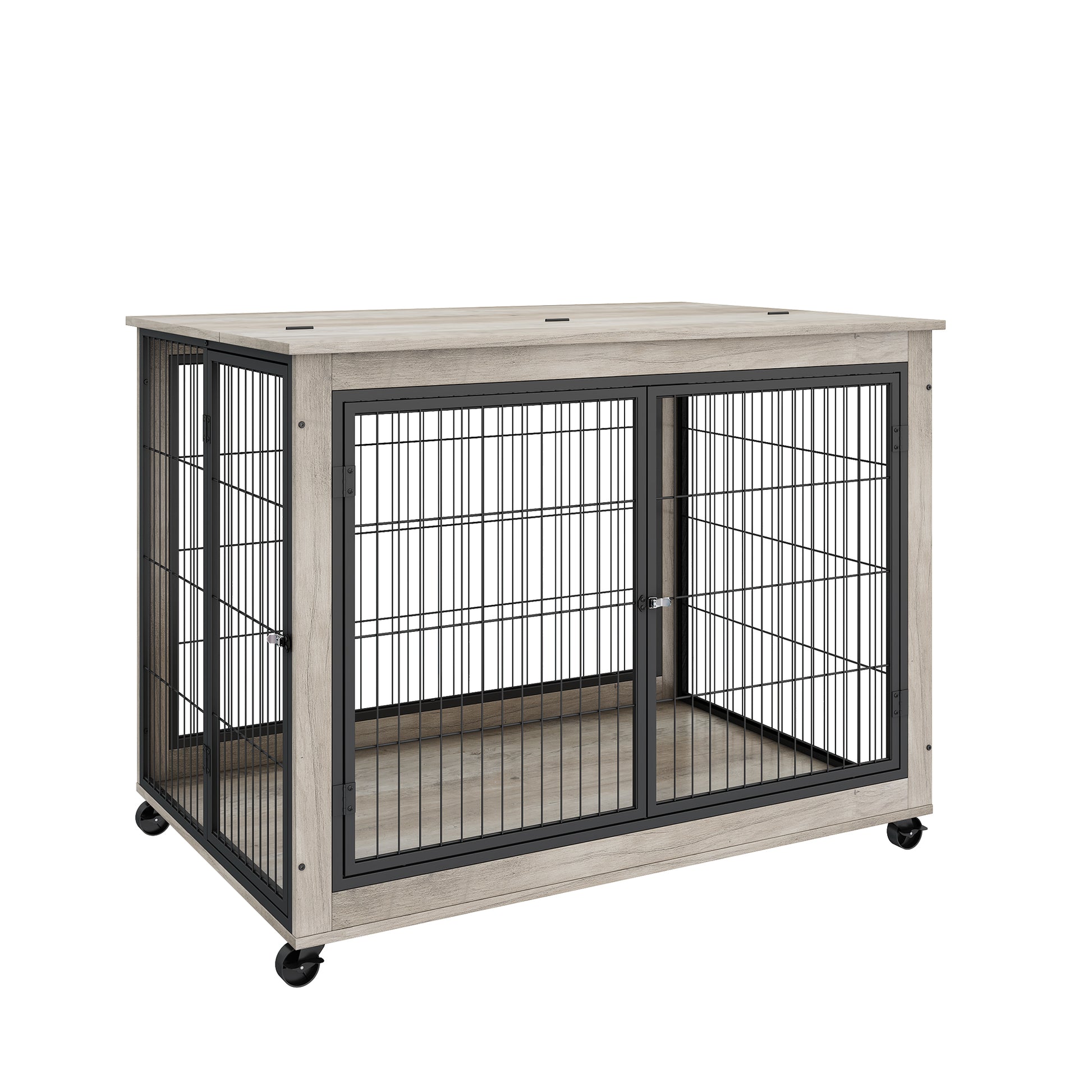 Furniture Style Dog Crate Side Table On Wheels With Double Doors And Lift Top. Grey, 43.7'' W X 30'' D X 31.1'' H. Grey Particle Board