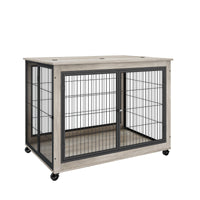 Furniture Style Dog Crate Side Table On Wheels With Double Doors And Lift Top. Grey, 43.7'' W X 30'' D X 31.1'' H. Grey Particle Board