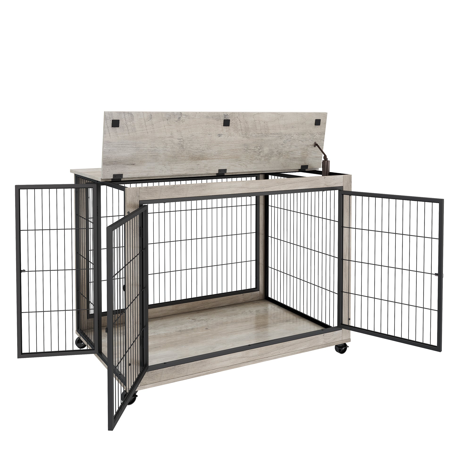 Furniture Style Dog Crate Side Table On Wheels With Double Doors And Lift Top. Grey, 43.7'' W X 30'' D X 31.1'' H. Grey Particle Board
