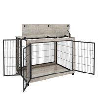Furniture Style Dog Crate Side Table On Wheels With Double Doors And Lift Top. Grey, 43.7'' W X 30'' D X 31.1'' H. Grey Particle Board
