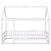 Twin Size Floor Wooden Bed With House Roof Frame, Fence Guardrails,White Old Sku:W50471472 Twin White Pine