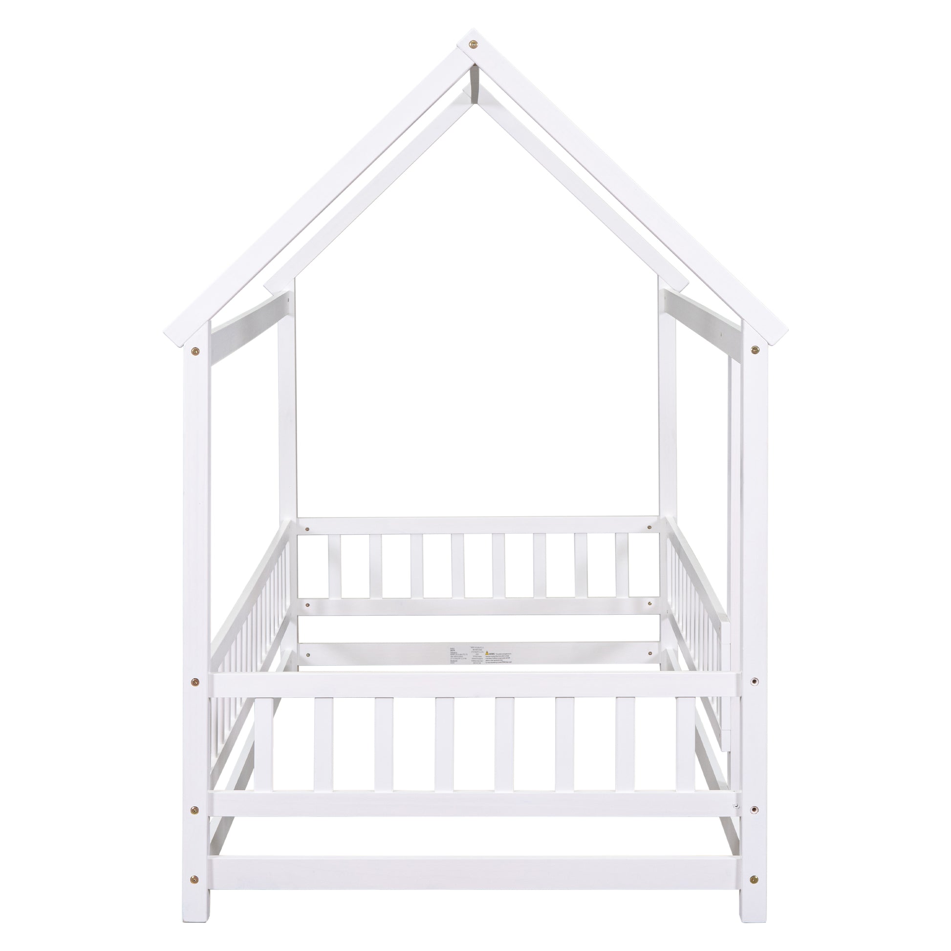 Twin Size Floor Wooden Bed With House Roof Frame, Fence Guardrails,White Old Sku:W50471472 Twin White Pine