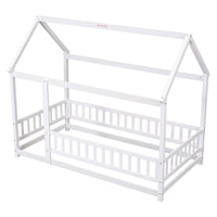 Twin Size Floor Wooden Bed With House Roof Frame, Fence Guardrails,White Old Sku:W50471472 Twin White Pine