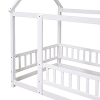 Twin Size Floor Wooden Bed With House Roof Frame, Fence Guardrails,White Old Sku:W50471472 Twin White Pine