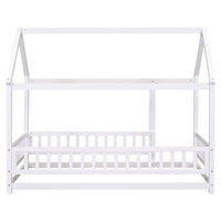 Twin Size Floor Wooden Bed With House Roof Frame, Fence Guardrails,White Old Sku:W50471472 Twin White Pine