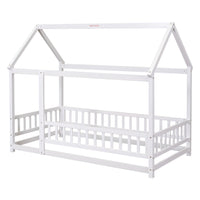 Twin Size Floor Wooden Bed With House Roof Frame, Fence Guardrails,White Old Sku:W50471472 Twin White Pine