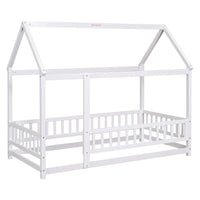 Twin Size Floor Wooden Bed With House Roof Frame, Fence Guardrails,White Old Sku:W50471472 Twin White Pine