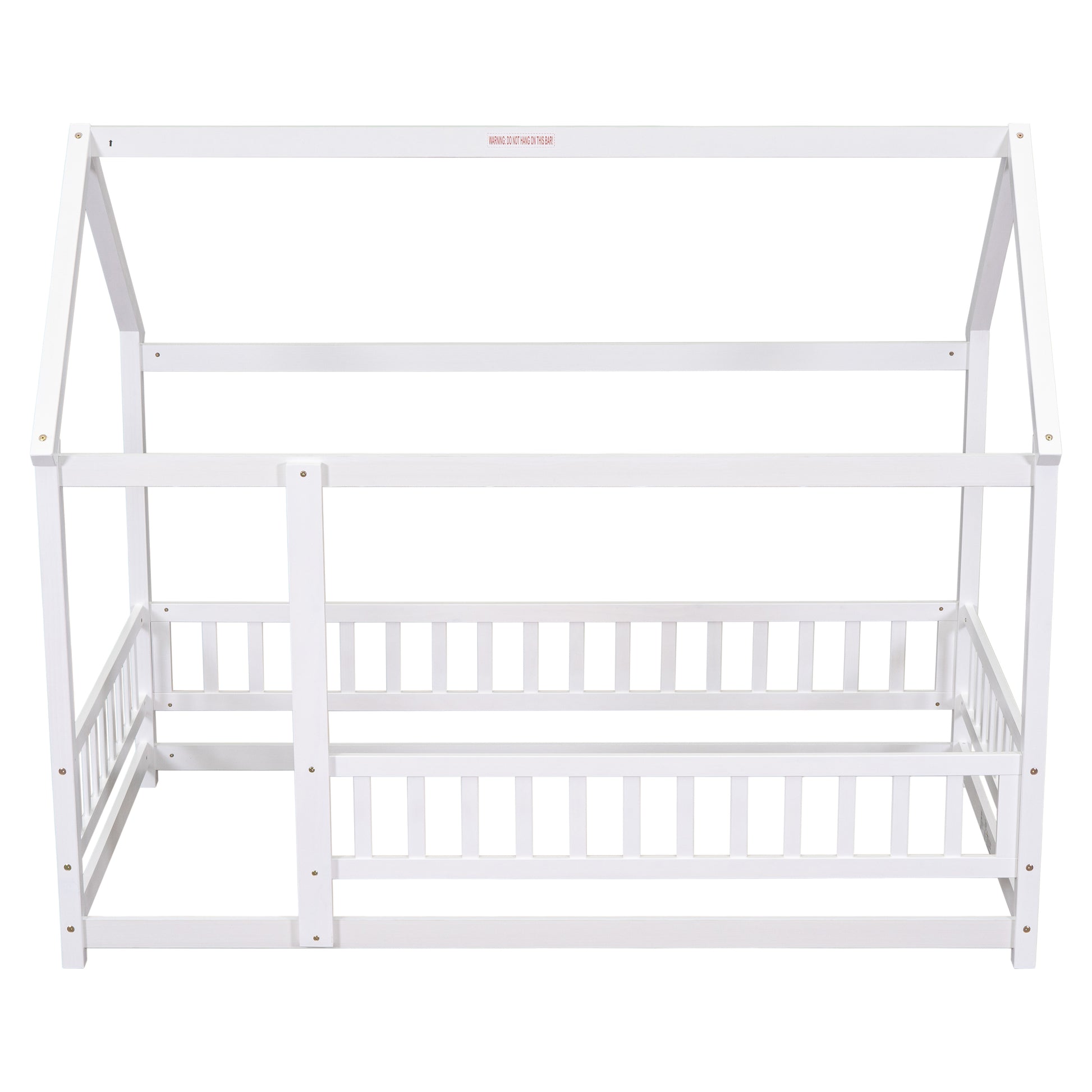 Twin Size Floor Wooden Bed With House Roof Frame, Fence Guardrails,White Old Sku:W50471472 Twin White Pine