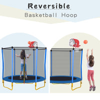 5.5Ft Trampoline For Kids 65" Outdoor & Indoor Mini Toddler Trampoline With Enclosure, Basketball Hoop And Ball Included Blue Metal