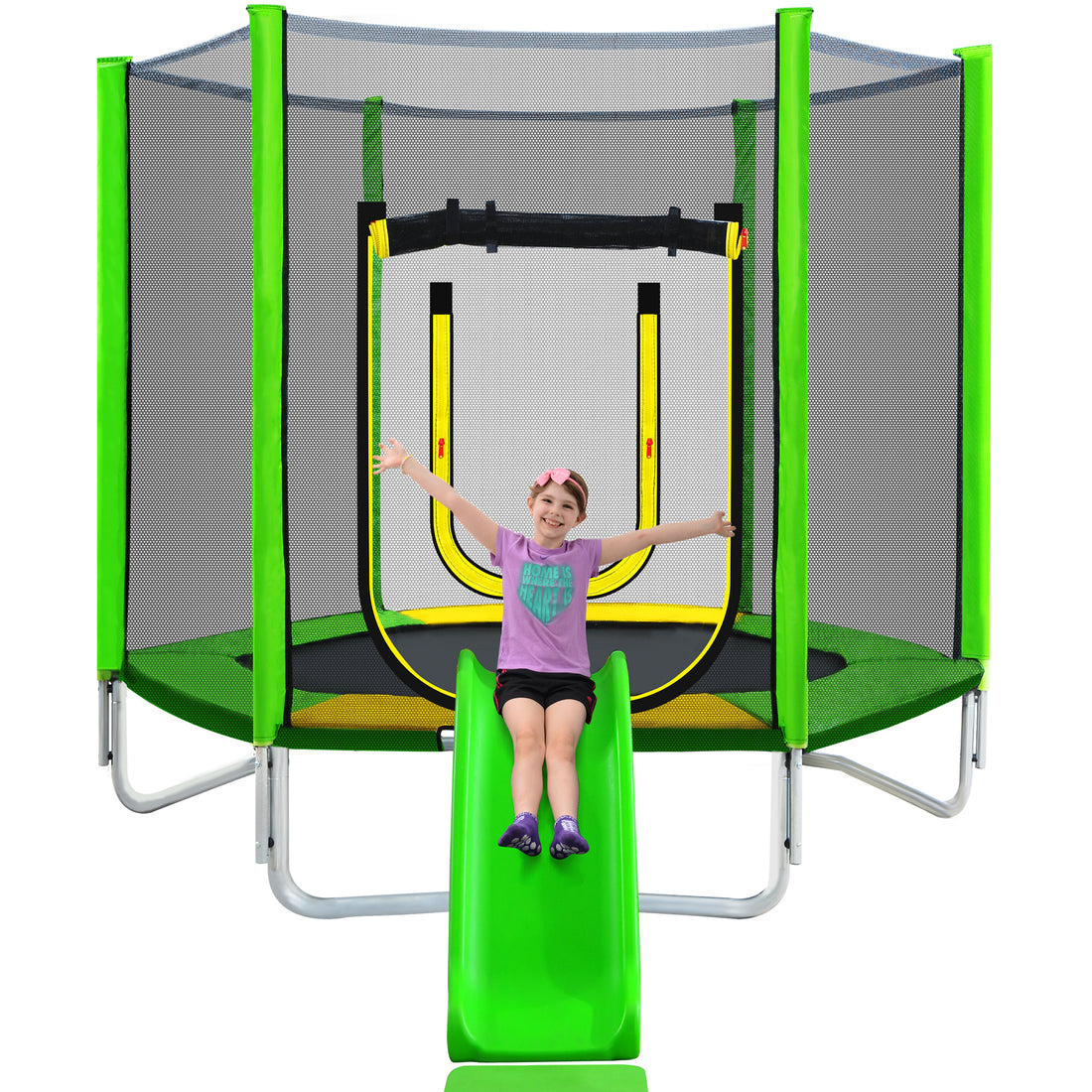 7Ft Trampoline For Kids With Safety Enclosure Net, Slide And Ladder, Easy Assembly Round Outdoor Recreational Trampoline Green Metal